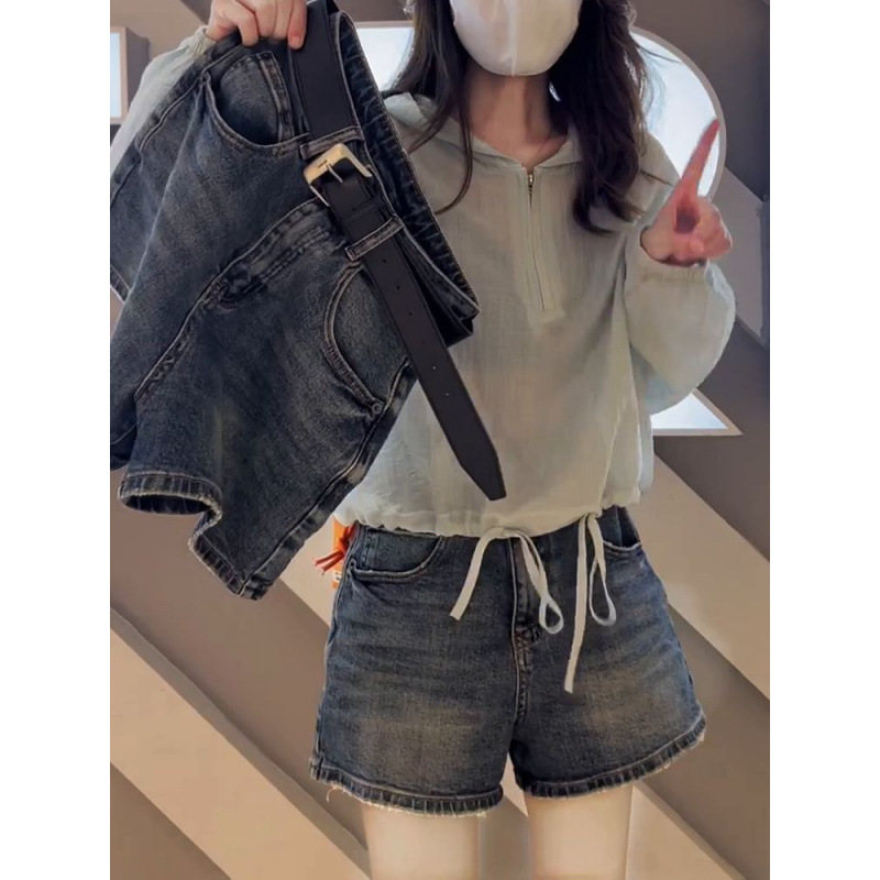 Vintage Blue Slim Denim Shorts Women's plus size chubby girl Summer New Arrival All-Match High Waist Fashionable A- Word Wide-Leg Shorts