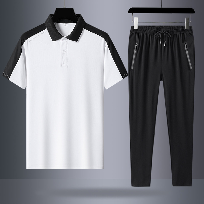 Traje deportivo para hombres de verano de mediana edad casuales de hielo de manga corta polo camiseta pantalones largos grandes secado rápido dos piezas