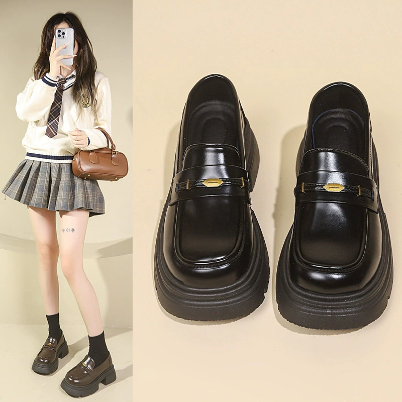 Женские кожаные туфли в британском преппи стиле JK, малый размер, новые весенне-осенние чёрные лоферы на толстой подошве с эффектом увеличения роста, 2025 года.