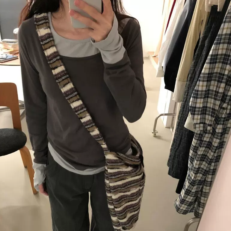 现货 2025秋季新款韩国东大门宽松显瘦圆领拼接假两件长袖T恤上衣