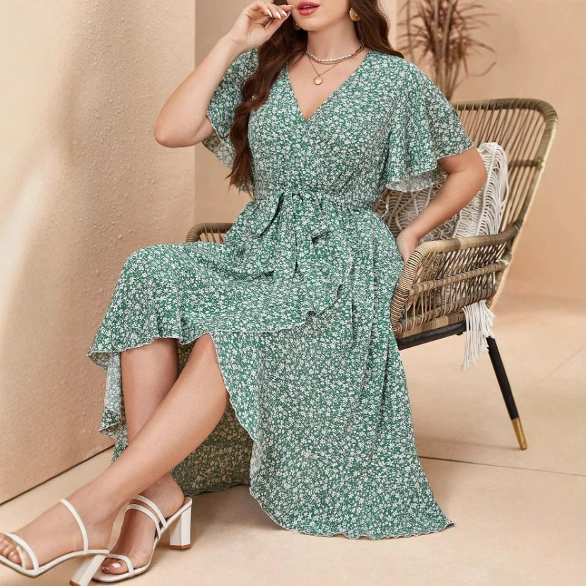 Европейские и американские дамы большого размера V-образный вырез нерегулярной высокой талии платье с принтом на шнуровке