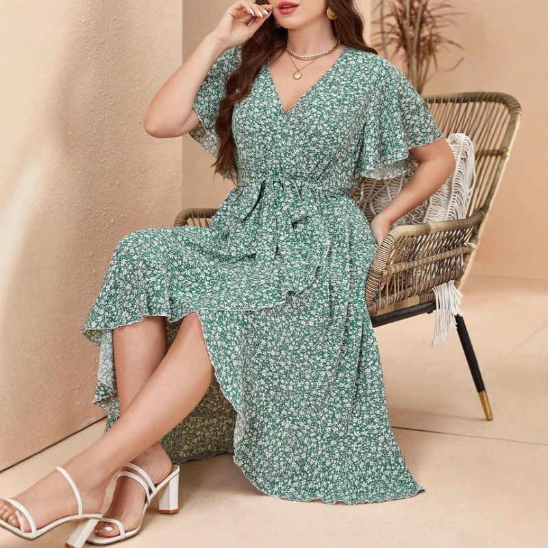 European and American Women's plus size V-neck Irregular High Waist Lace-up Printed dress Bohemian Mid-length A- line Dress European and American Women's plus size V-neck Irregular High Waist Lace-up Printed dress Bohemian Mid-length A- line Dress