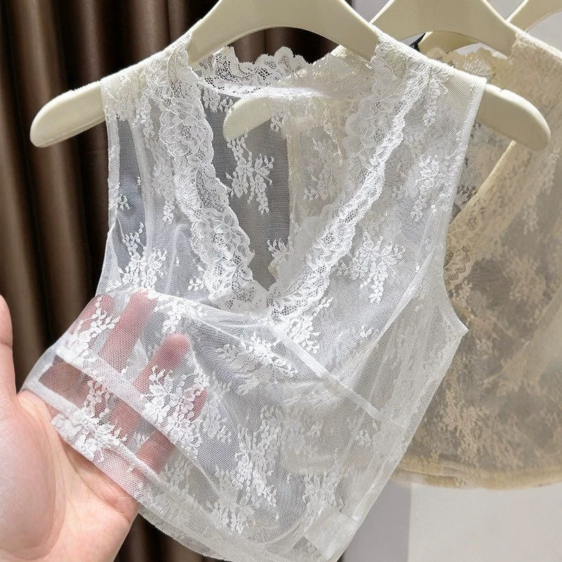 High-end, elegant lace base layer top for women, spring and autumn, slim fit, sleeveless vest, short V-neck mesh thin top.