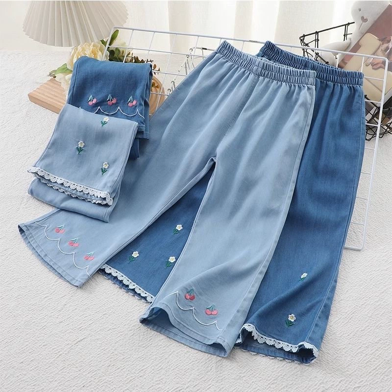 Тонкие штаны от комаров для девочек 2025 лето новый стиль маленькая девочка повседневные рог брюки Тянси мягкие джинсы носить на улице