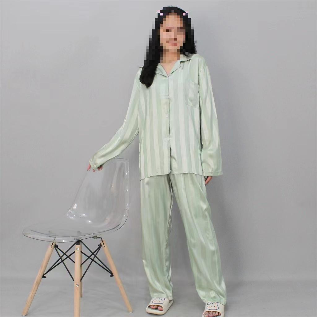 Pijamas de mujer primavera y otoño cardigan de manga larga de seda de hielo ropa para el hogar traje de dos piezas de seda artificial con cuello en v simple se puede usar fuera del verano