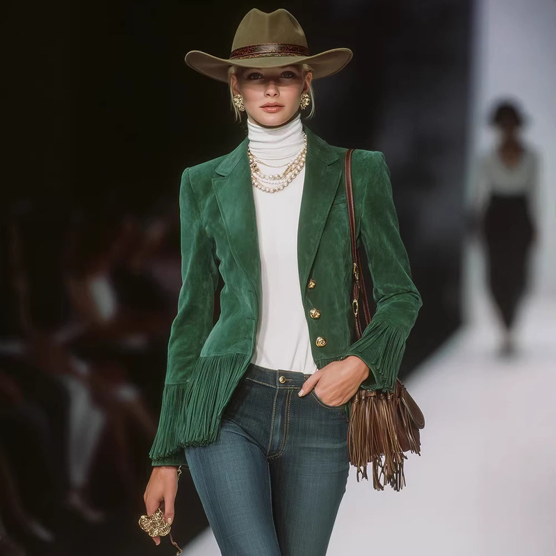 2026 European and American Cross-Border Women's Tassel Faux Suede Elegant Slim-Fit Blazer