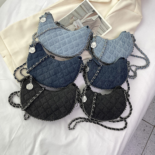 Denim bag women's new  fashion rhombus chain crossbody bag niche summer casual versatile crescent bag