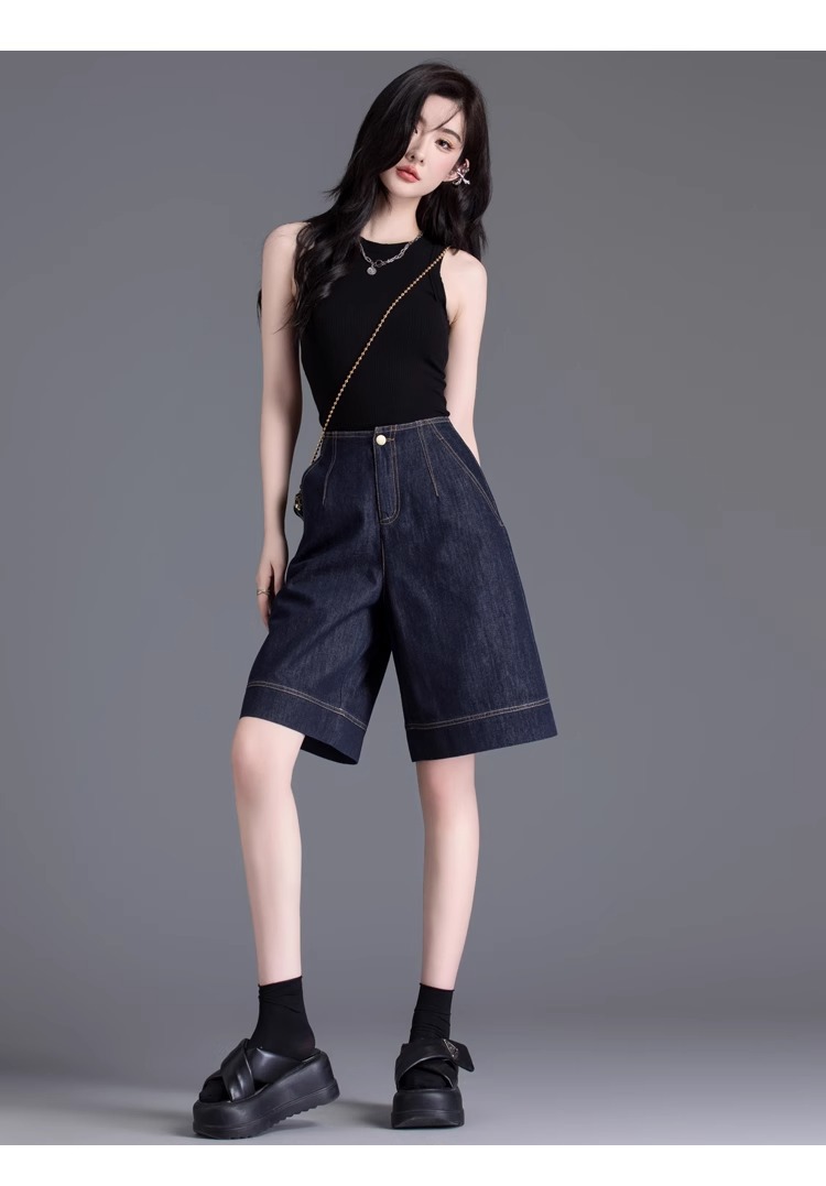 Quần short denim nữ dáng rộng ống suông mùa hè — Xanh denim chi tiết 3