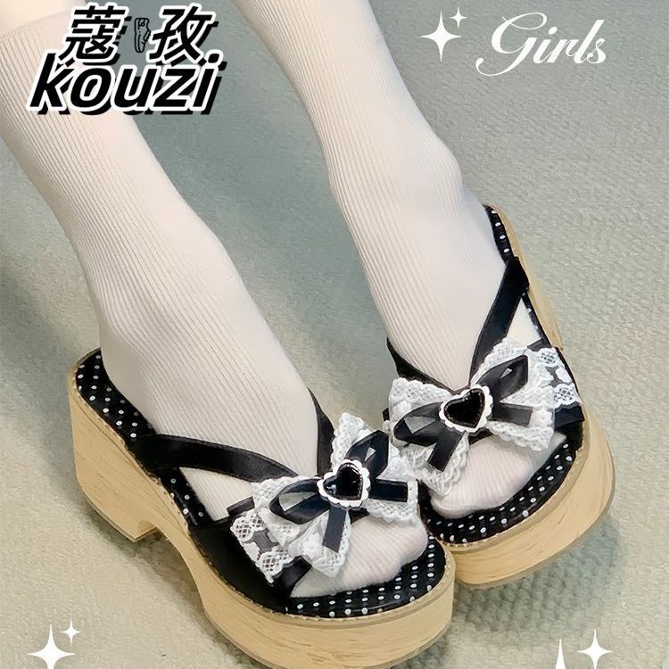 Japanese-Style Thick-Heeled Clogs Cosplay Slippers Full Set Showa Era Women's Akari Japanese-Style Bowknot Wood Grain Thick Sole