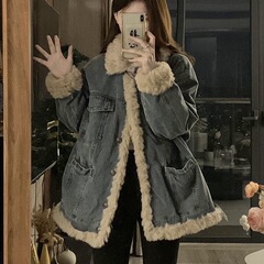 羊羔毛牛仔外套女秋冬季2025新宽松加绒棉衣服小个子加厚棉袄