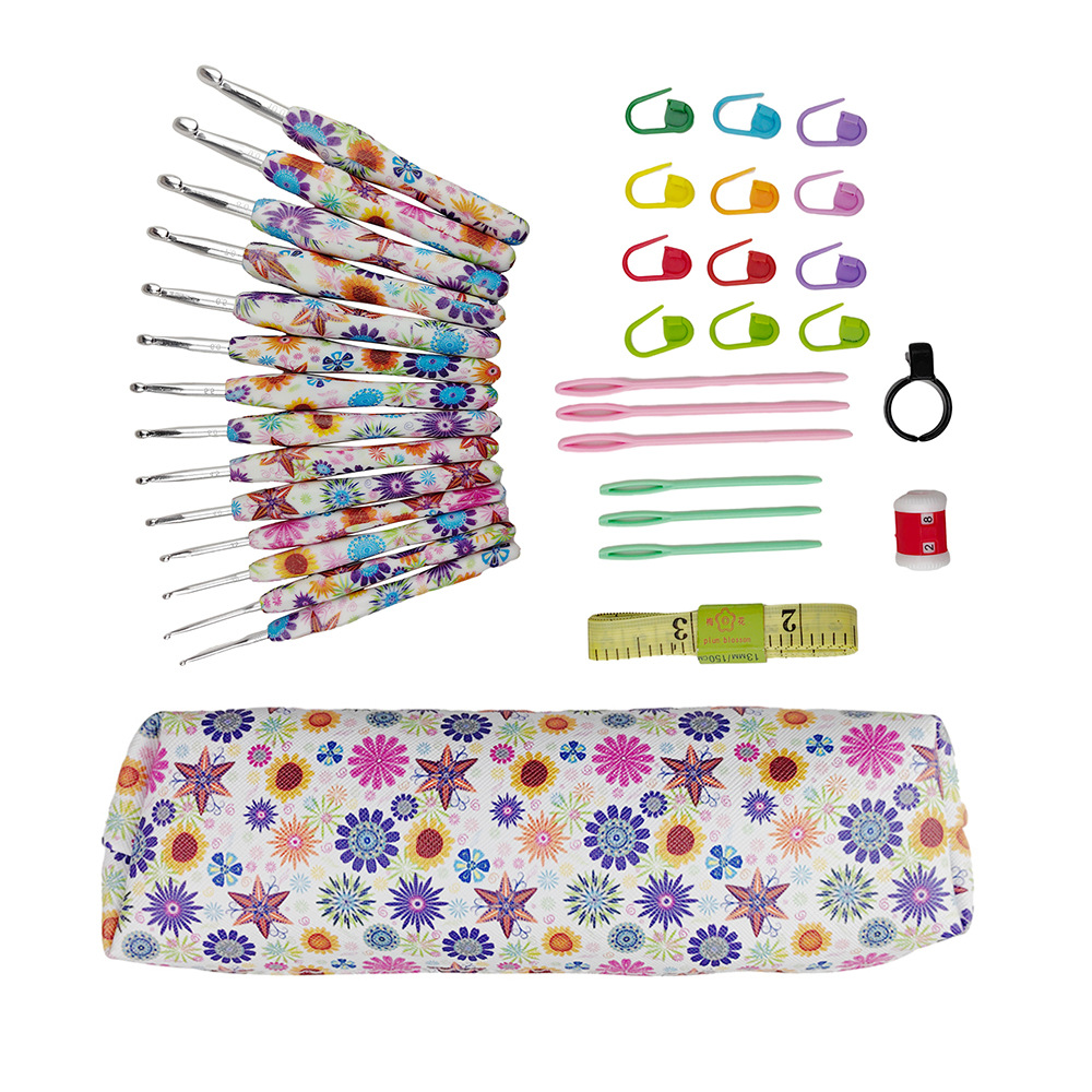 Herramientas transfronterizas TPR impresión mango suave crochet de aluminio rosa flor mango crochet conjunto de 14 piezas 2 .. Cubierta del bolso 0-10.0PU