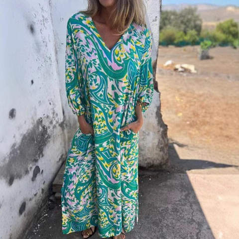 Euramerican Cross-border Women's Summer Dress Spring and Summer New Arrival V-neck Fashion Vacation Leopard Print Dress