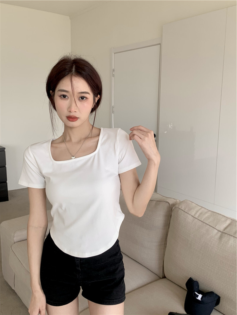 175g Weight Short Sleeve Sleeve Length Polyester Fabric Type Short Top Length T-shirt Tops Type Casual, Daily Occasion Square Neck Neckline Slim Fit Type Solid Color Pattern Summer, Spring, Autumn Season Women's Gender Casual, Simple Style Style Wholesale Women's Casual Simple Style Solid Color Short Sleeve T-Shirts 13
