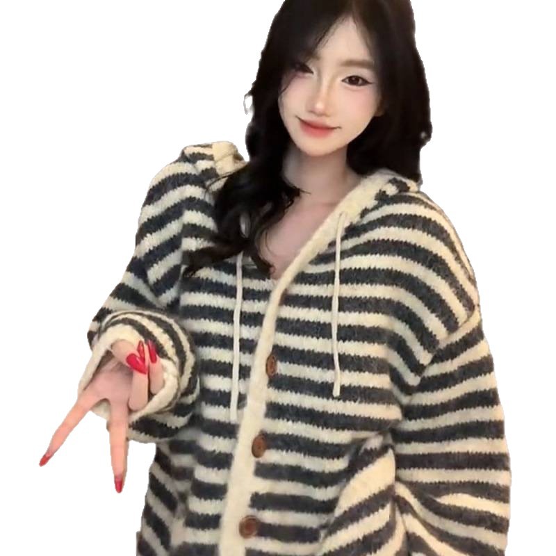 Cardigan de punto a rayas de contraste con capuz para mujeres otoño y invierno 2025 suéter de cubierta de viento flojo abrigo de gran tamaño