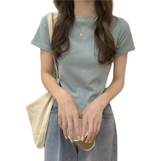 2022 Irregular Short-sleeved T-shirt Women's New Summer Base Shirt Korean Style Slim-fit Slimming Short Top ins Trendy