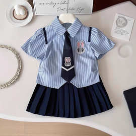 小女孩夏季短袖朱迪兔子警官连衣裙套装女宝宝学院风JK裙子两件套
