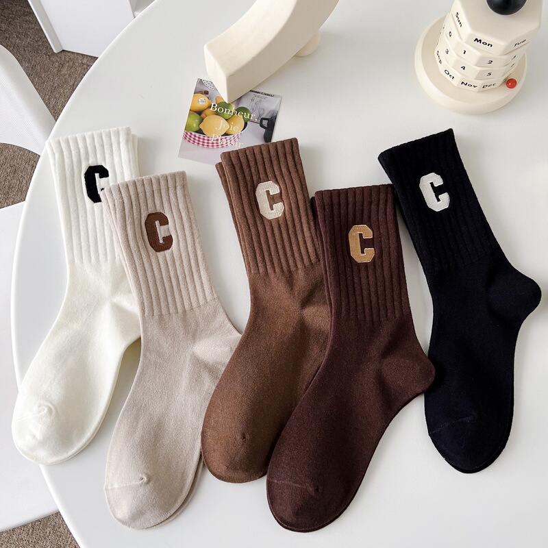 Big C Letter Socks Women's Spring and Autumn Mid-tube Cotton Socks South Korea Ins Fashionable Socks with Shark Pants High-tube Stockings
