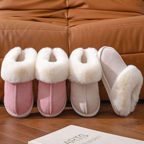 Cross-border wholesale fuzzy slippers for women, suitable for autumn and winter, warm and thick-soled, plush home indoor cotton slippers for men