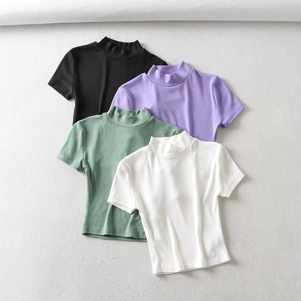 solid color semi-high collar short-sleeved t-shirt  NSAC28193