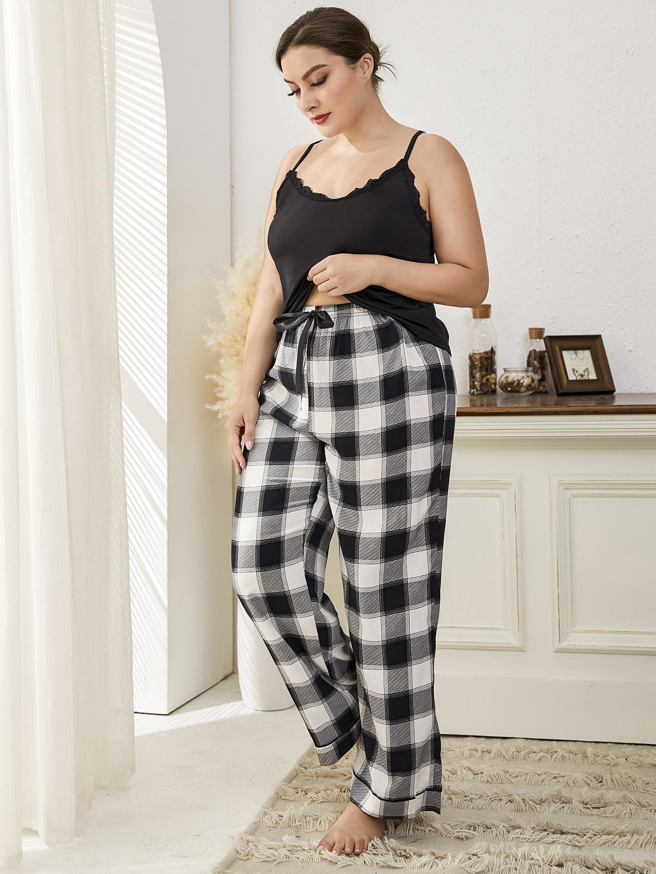 plus size suspender loose low-cut plaid lace two-piece Pajamas NSWFC130739