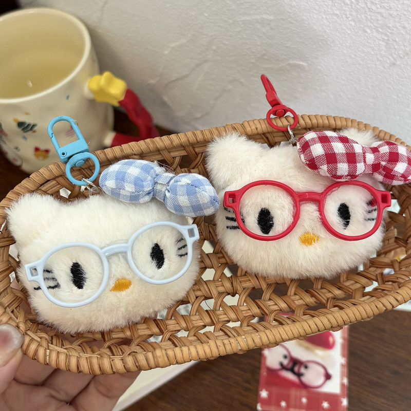 Retro Y2K Red Glasses Cat Plaid Bow Super Cute Plush Doll Pendant Bestie Bag Pendant