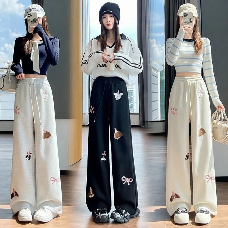 Women's High-Waisted Cartoon Sports Sweatpants 2026 Summer New Sweet Casual Straight Loose Wide-Leg Pants with Embroidery
