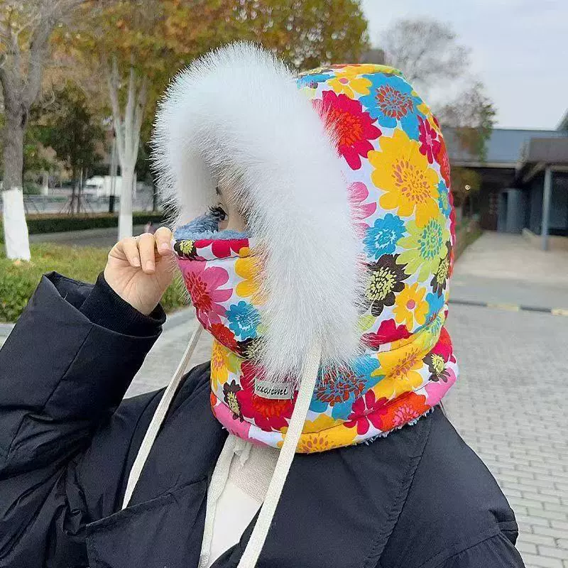 帽子女冬季防风骑行防寒装备加厚绒护耳雷锋帽骑车保暖围脖帽一体