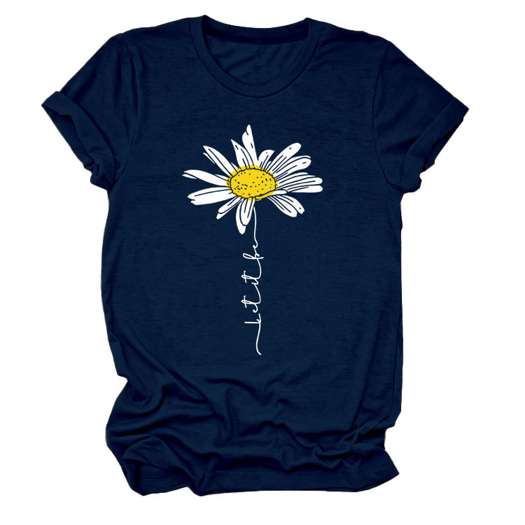 LET IT BE DAISY carta casual manga corta Amazon europeo y americano de las mujeres Top cuello redondo Camiseta suelta