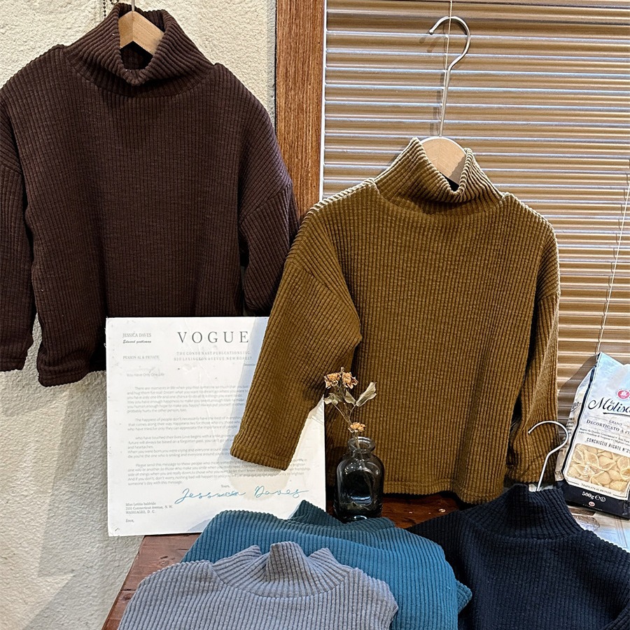 佳葉童品23新款冬裝兒童高領加絨坑條打底衫男女寶寶加厚內搭上衣