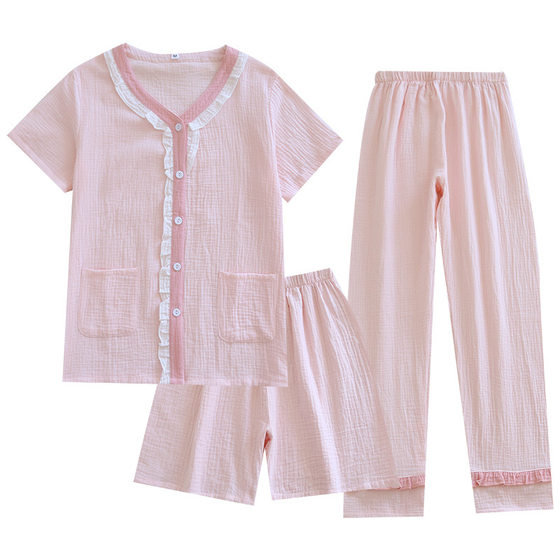 Pajamas Pure Cotton Women's Summer A Short-sleeved Trousers Cotton Yarn Three-piece Set Double-layer Gauze Women's Home Clothes suit