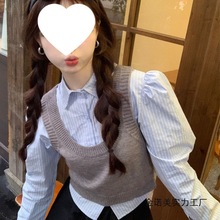 韩版森系背心马甲新款条纹衬衫女装秋冬款甜美日系学院风两件套装