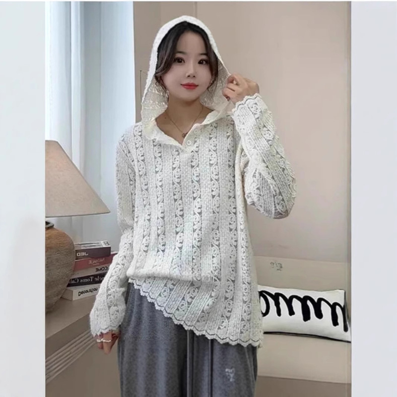 High-end fashion long sleeve T-shirt women's hoodie 2025 spring new hooded sweater lace base shirt top High-end fashion long sleeve T-shirt women's hoodie 2025 spring new hooded sweater lace base shirt top