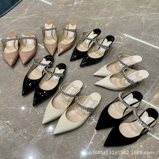 Flat slippers women's summer wear 2024 rhinestone Pearl ins All-match genuine leather closed toe half slippers sandals Muller shoes