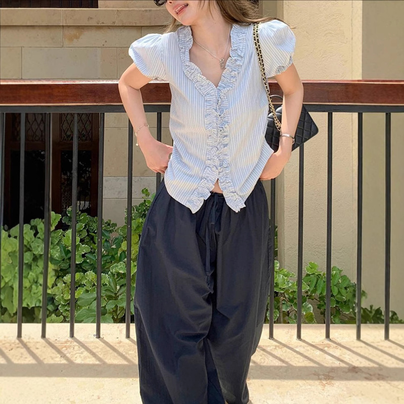 Kong Zenna "Letter from Hokkaido" Design Stripesd Puff Sleeve Shirt Women's New Summer Short-Sleeved Top