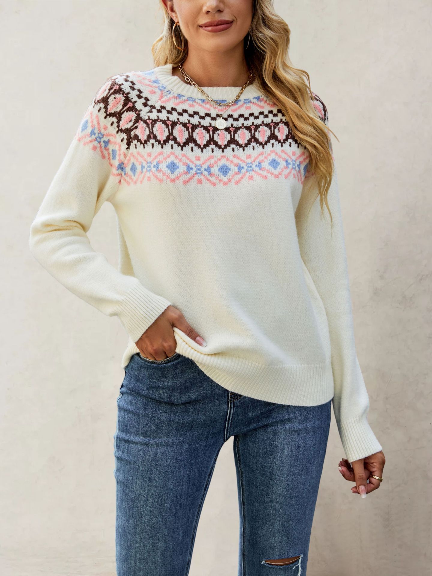 Suéter Jacquard Retro de Gran Tamaño con Cuello Redondo, Tejido de Punto, Estilo Europeo y Americano, Novedad Otoño-Invierno 2026, Éxito de Ventas en Amazon