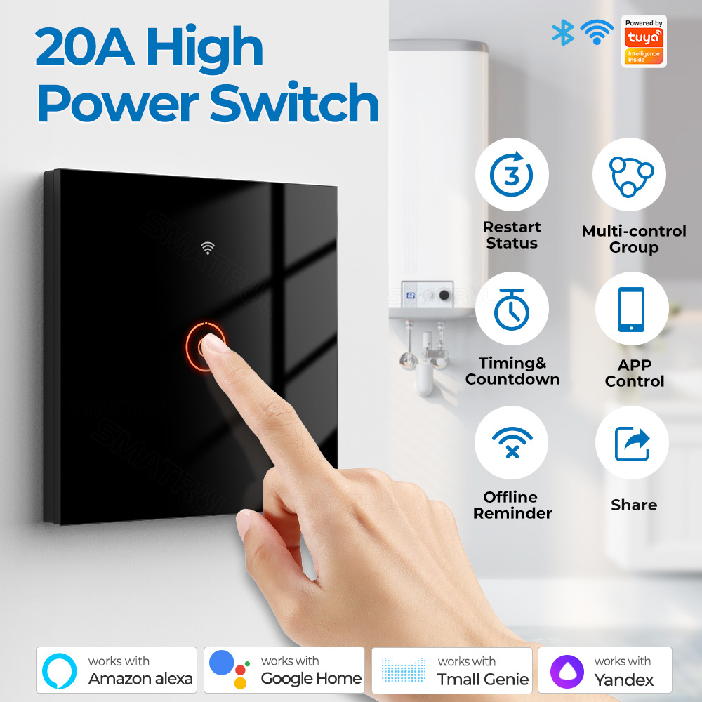 Tuya Smart Home 20A High Power Relay WiFi Touch Switch APP Timing Voice Control Switch