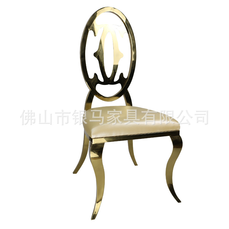 Fábrica al por mayor Hotel banquete boda comedor silla boda galvanoplastia Silla de acero inoxidable Bolsa De Oro suave Silla de comedor de cuero