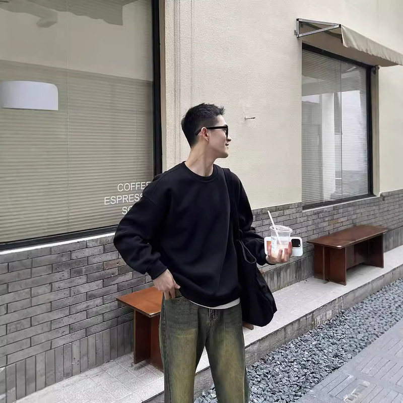 Autumn and Winter Basic Solid Color Pullover Round Neck Sweat Men's Fashionable Loose Casual Black Top