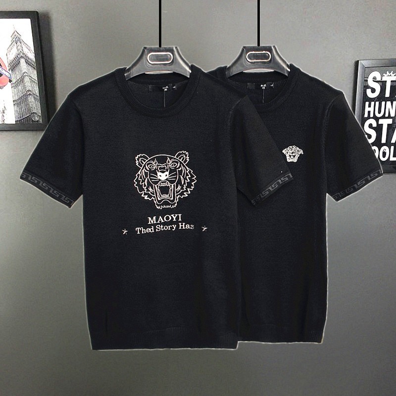 男士短袖针织衫毛衣春秋新款韩版半袖老虎头刺绣毛线t恤打底衫潮