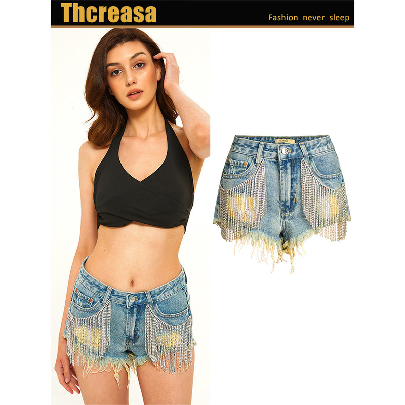 Amazon's New European and American Style Summer Nightclub Women's Pants with Tassels and Hip Lift Sexy Wide-Leg A-Diamond Chain Denim Shorts for Women