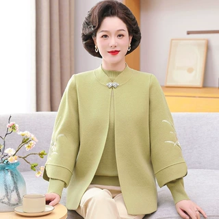 【100%纯羊毛】开衫妈妈毛衣秋冬中老年上衣女装厚款外套两件套装