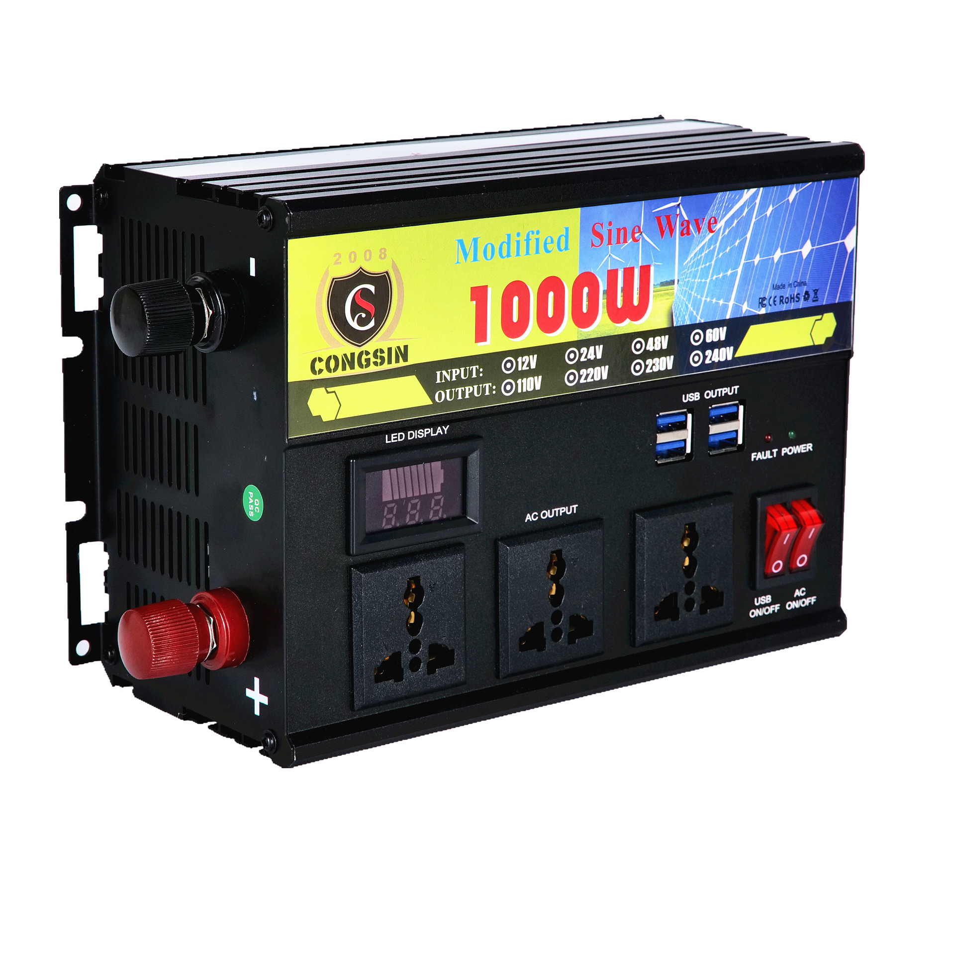 厂家直销 现货热卖 12V220V 1000W大容量逆变器带LCD显示屏4USB