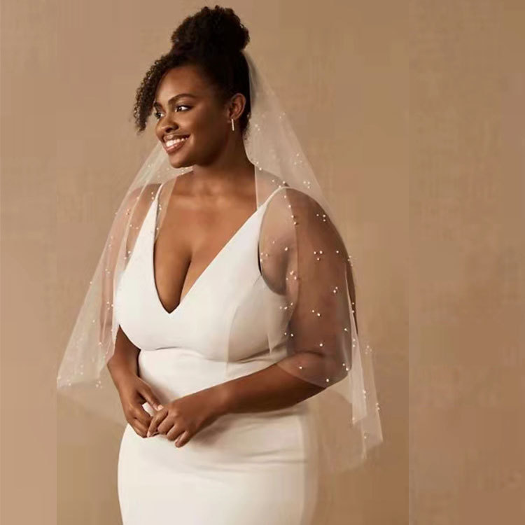 2021欧美新娘头纱新款仙气钉珠单层珍珠旅拍头纱婚纱配饰品写真女|ms