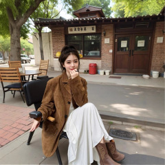 美拉德复古麂皮绒西装外套女春秋季2025新款感小个子棕色皮衣