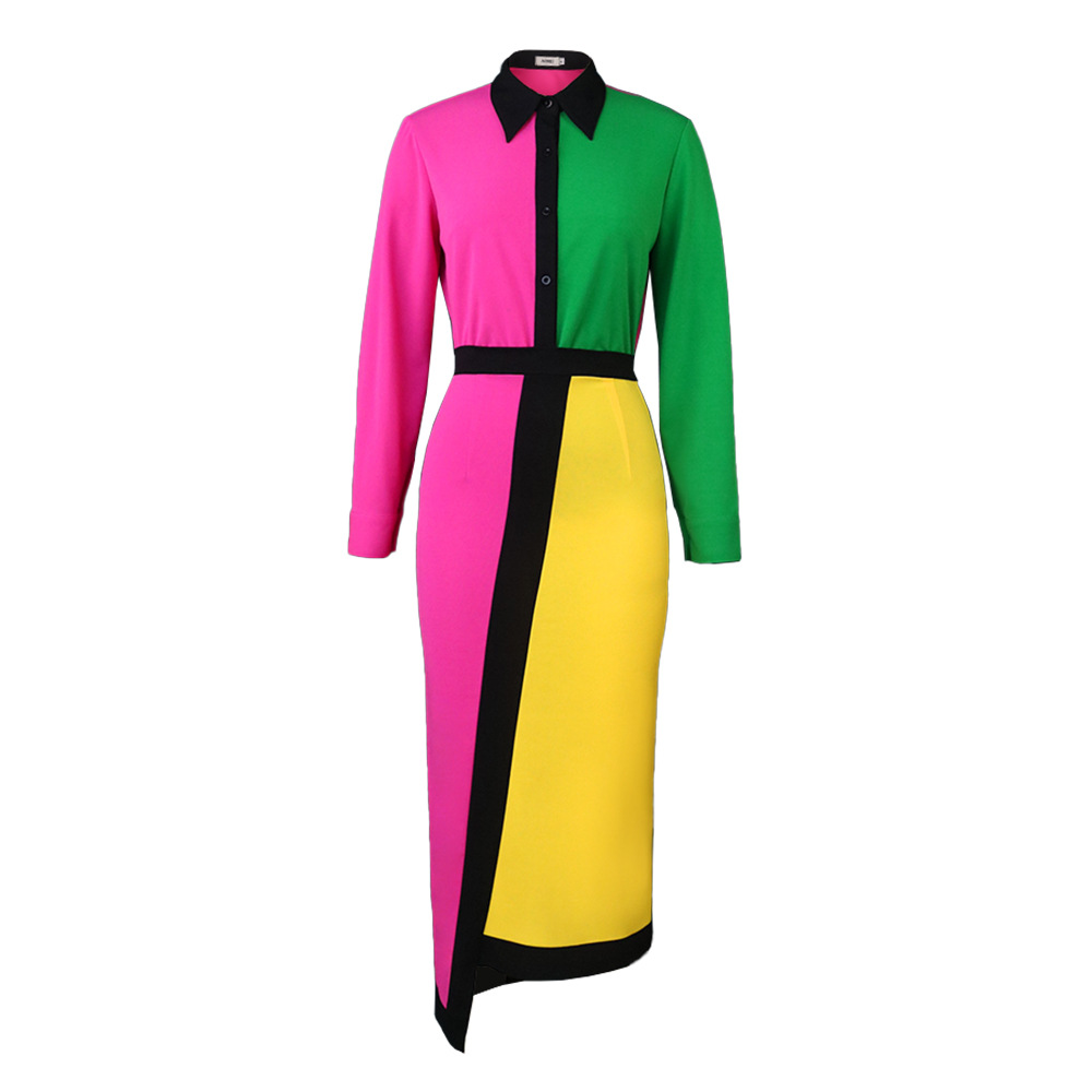 Women's Clothing AM221142 color matching long sleeved dress Small contrast color personality asymmetrical high waist skirt dresses_voghion.com