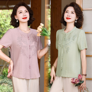 Mom's Summer Tencel Ramie Short-Sleeved Shirt 50-Year-Old Middle-Aged Women's Skin-Colored Breathable Cardigan T-Shirt Top
