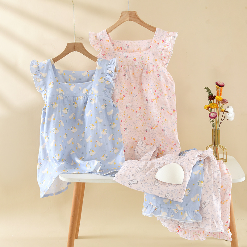 여름 여성용 가슴 패드가있는 순수 코튼 잠옷, 작은 플라잉 슬리브 조끼 반바지 정장, 달콤한 프린트 거즈 홈웨어, 루즈