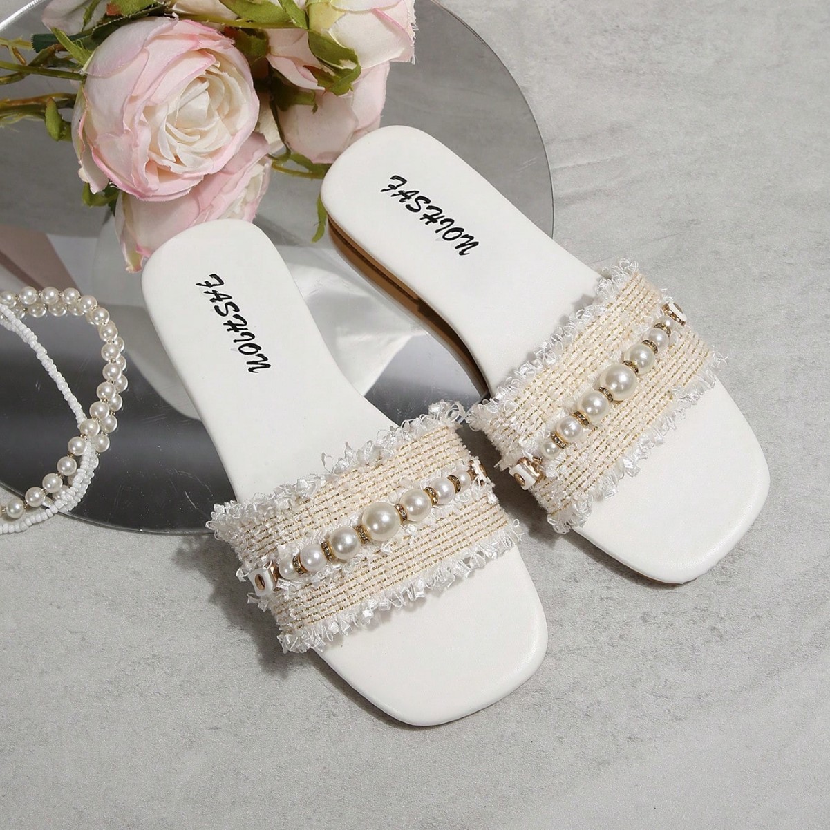 Sandalias Planas con Hebilla de Perla de Cuero Sintético, Resistente al Desgaste, para Uso Diario