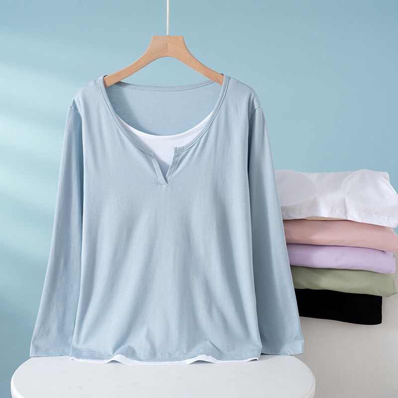 Women's Pajama Top with Breast Pads, Pure Cotton Long-Sleeved Simple V Neck Women's Fake Two-Piece Loose T-Shirt Casual Home Wear