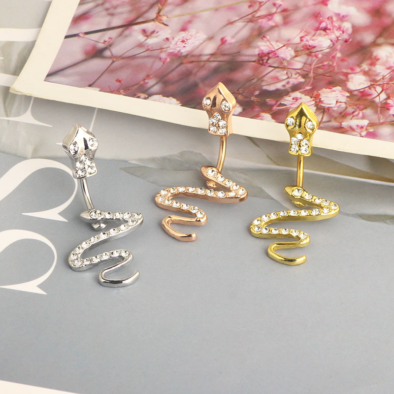 Snake Navel Ring Curved Barbell 316L Surgical Steel Rose Gold AB Drill Belly Button Jewelry detail image 8